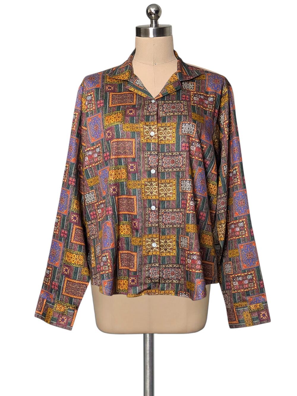 Vintage 70's FRENCH CROWN Vintage Printed Button UP Top Blouse XL - XXL